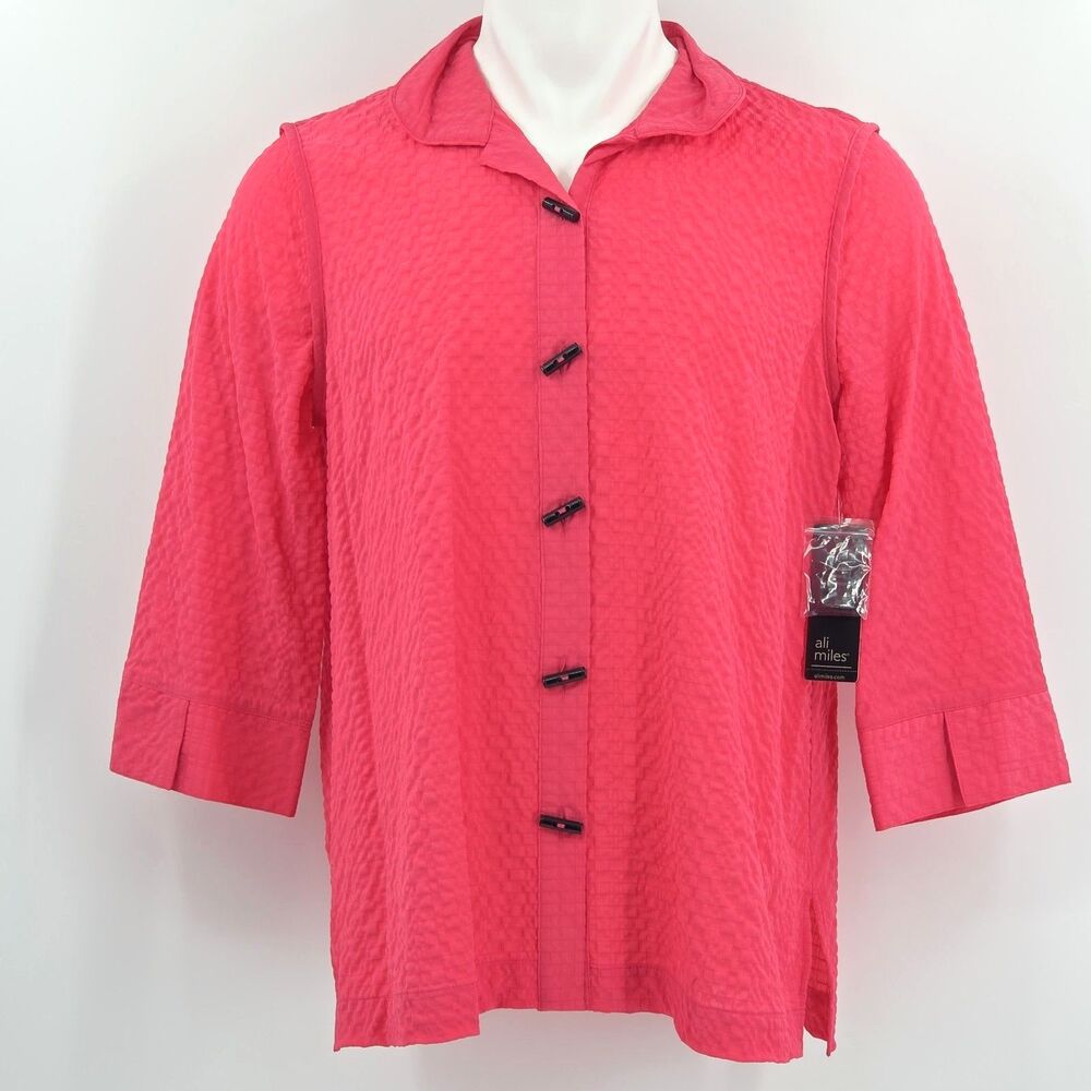 Ali Miles Pucker Woven Button Up Down Tunic Shirt Womens Size Large Pink Lagom